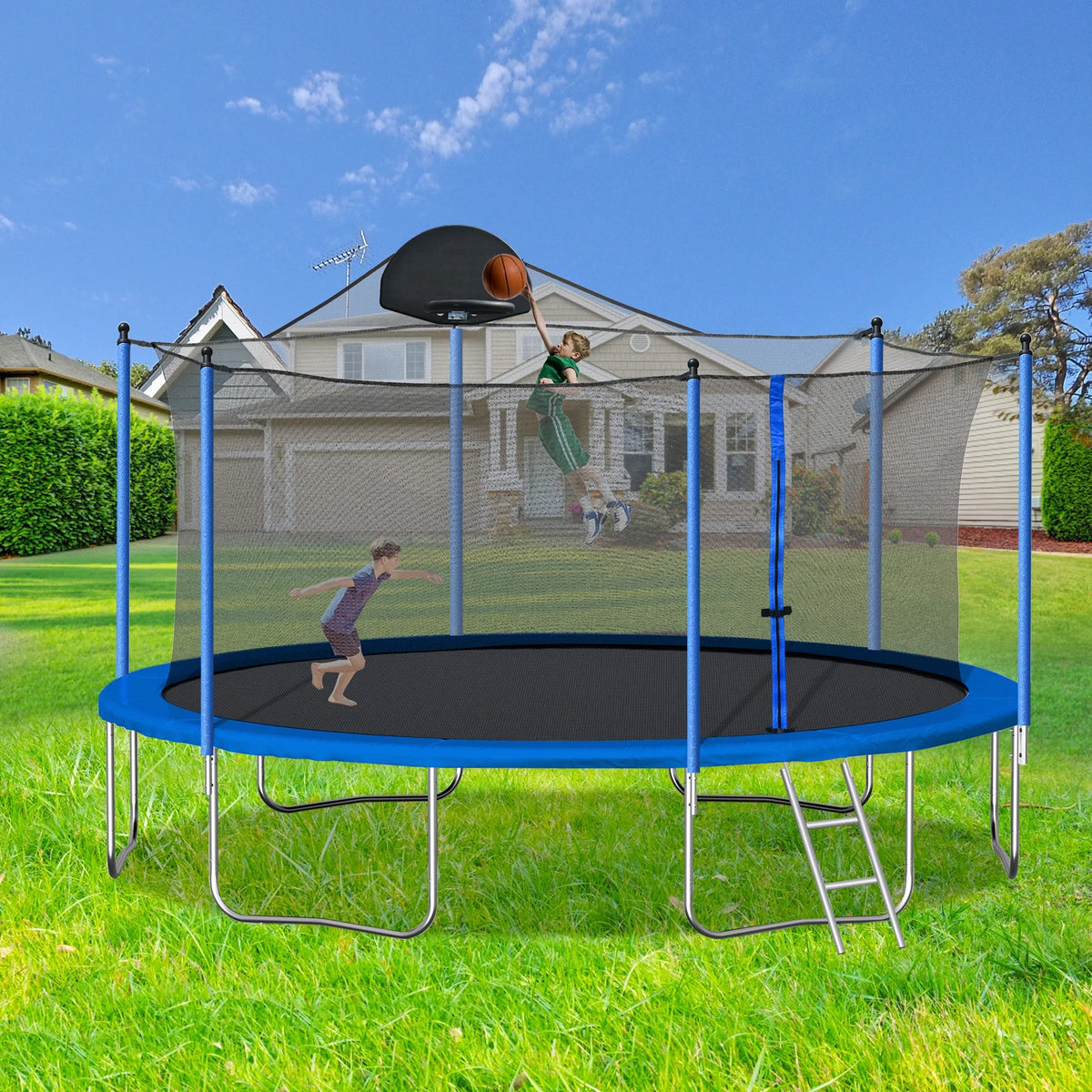 14FT Outdoor Trampoline with Safety Enclosure, Steel Tube Frame, Ladder & Secure Net - Heavy Duty, Blue
