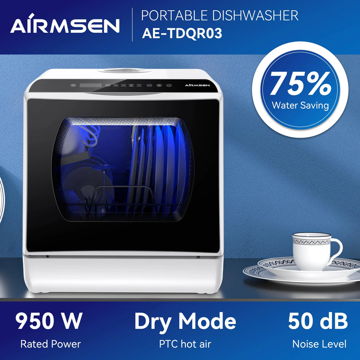 AIRMSEN Portable Countertop Dishwasher with 5-Liter Built-in Water Tank and Air-Dry Function, 5 Washing Programs, AE-TDQR03