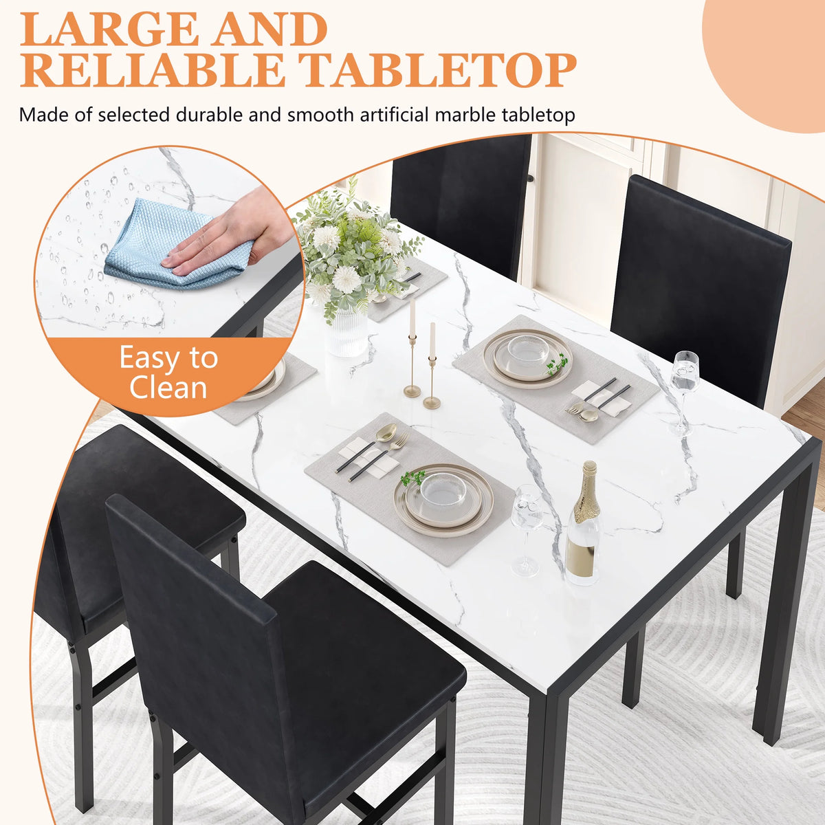 5 Piece Dining Room Table Set, Modern Dining Table Sets with Gray Velvet Upholstered Chairs for 4, Faux Marble Pattern Rectangle Kitchen Table Set for Bar Living Room Breakfast Nook Small Space