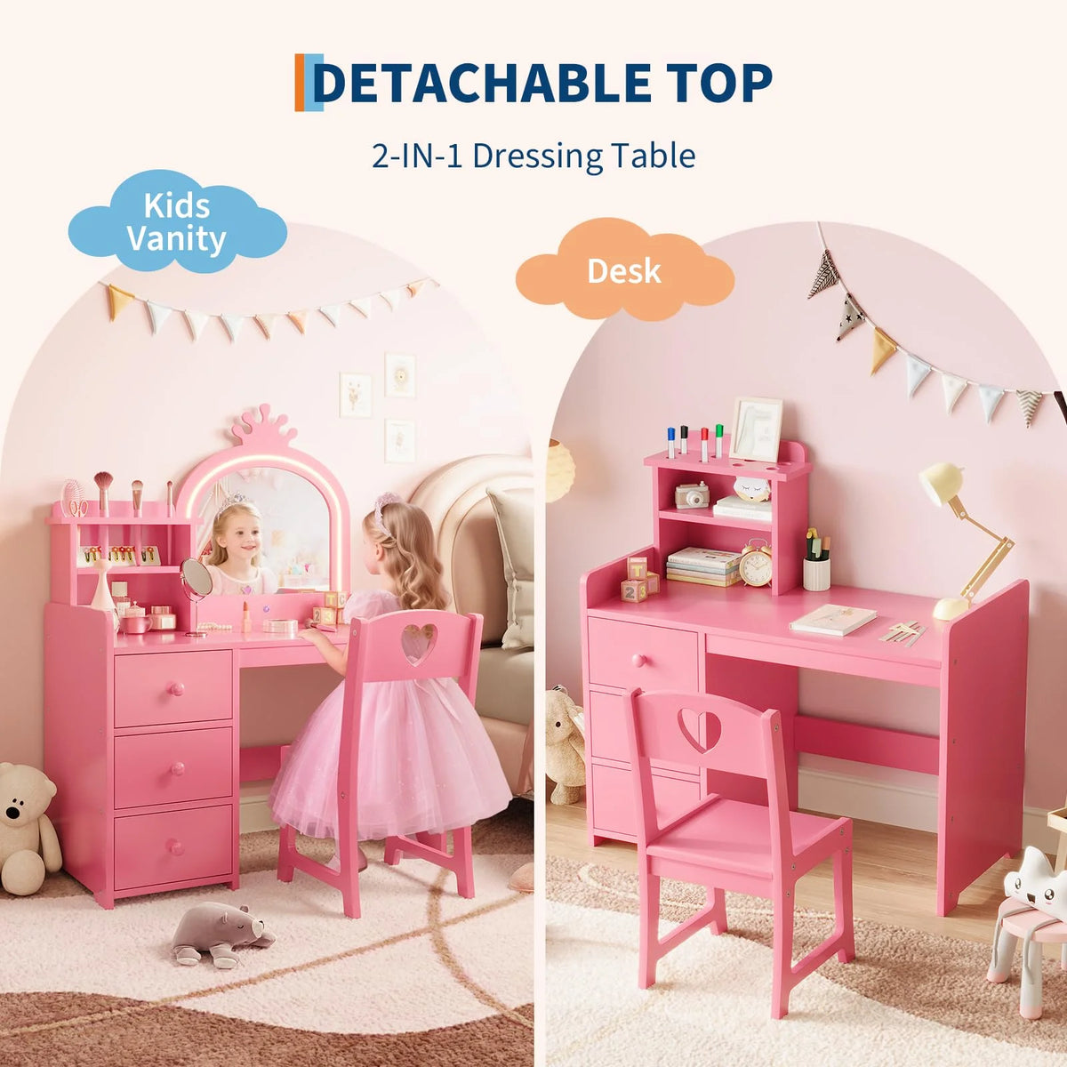 Yeshouse Princess Girls Makeup Vanity Table Set with Storage & Lights