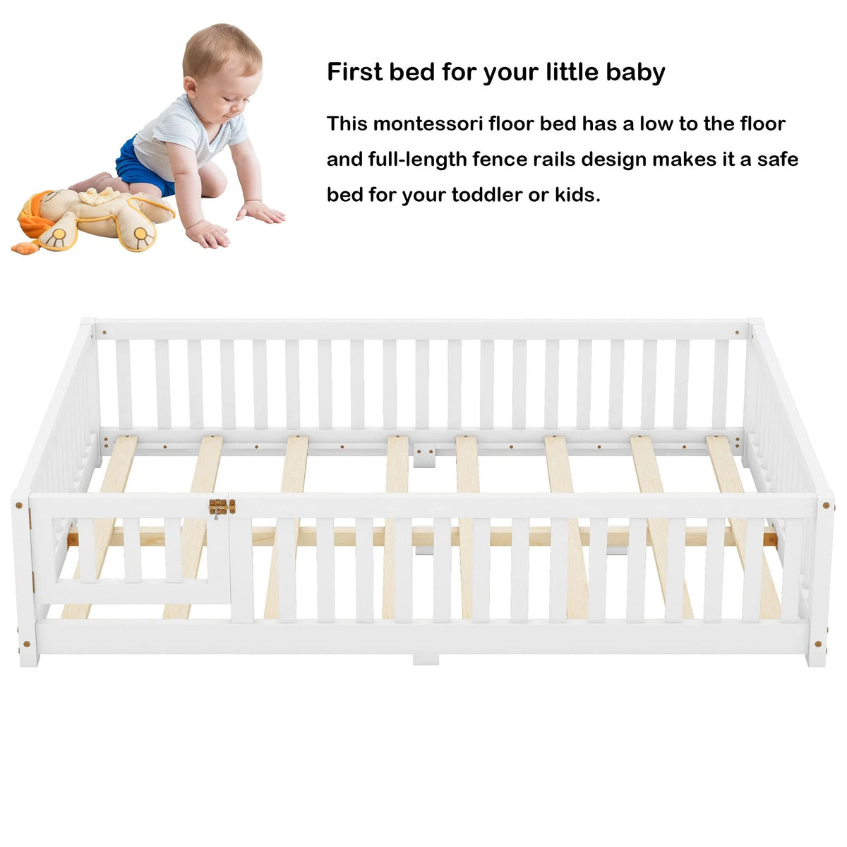 Bellemave Full Size Floor Bed with Door and Fence Floor Bed with Bed Slats Sturdy Wood Floor Bed Montessori Bed Frame (Full, Pink)