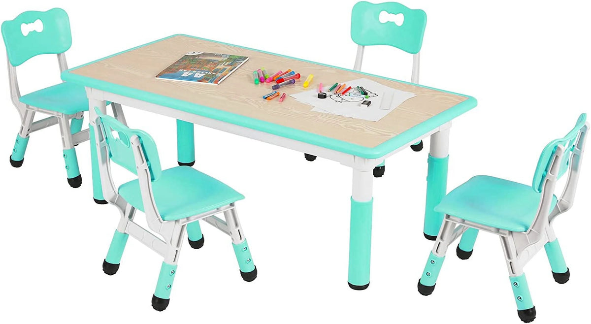 LAZY BUDDY Kids Table and 4 Chairs Set, Height Adjustable Toddler Desk with Graffiti Desktop, Kids Activity Table Set for Daycare, Home
