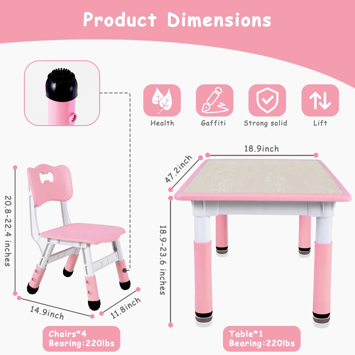 LAZY BUDDY Kids Table and 4 Chairs Set, Height Adjustable Toddler Desk with Graffiti Desktop, Kids Activity Table Set for Daycare, Home