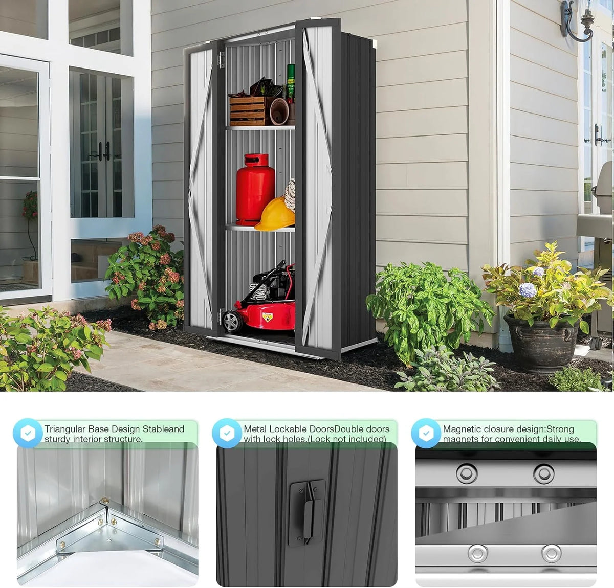 AECOJOY Outdoor Storage Cabinet for Garden & Patio, a Metal Organizer with Doors and Shelves in Gray