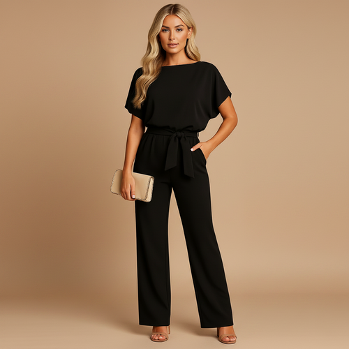 High waist jumpsuit with lace-up detail shown from the front