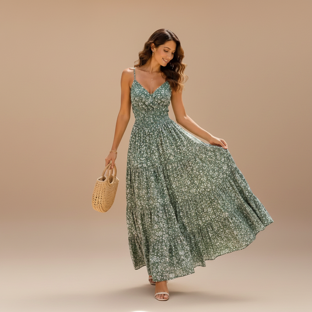 Green floral maxi dress shown from the front on a plain backdrop