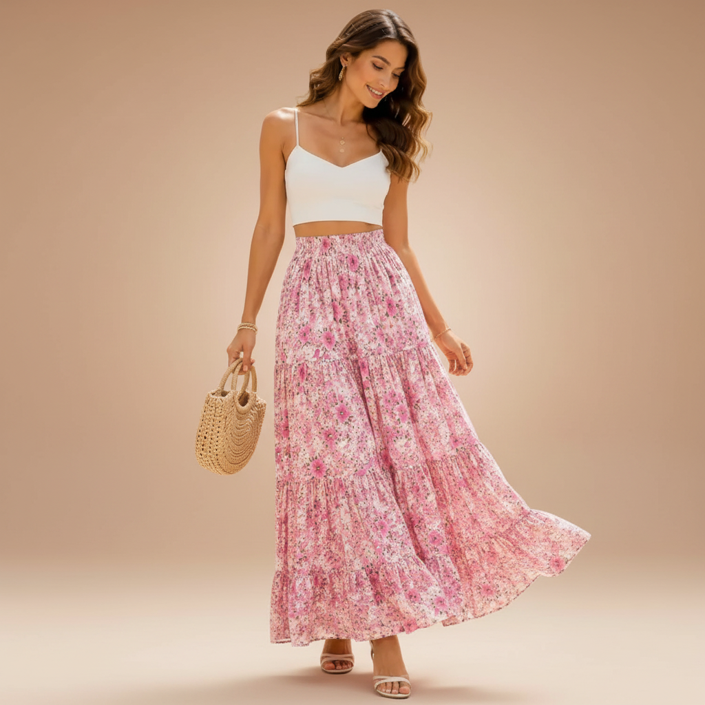 A woman modeling a white crop top and a long pink floral maxi skirt, holding a woven straw bag against a solid beige studio background.