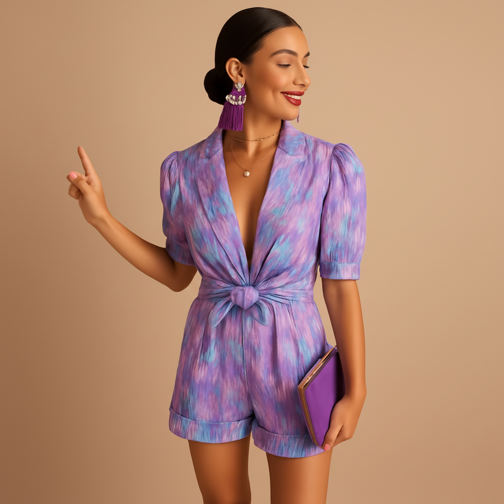 Model wearing the short printed jumpsuit, front view