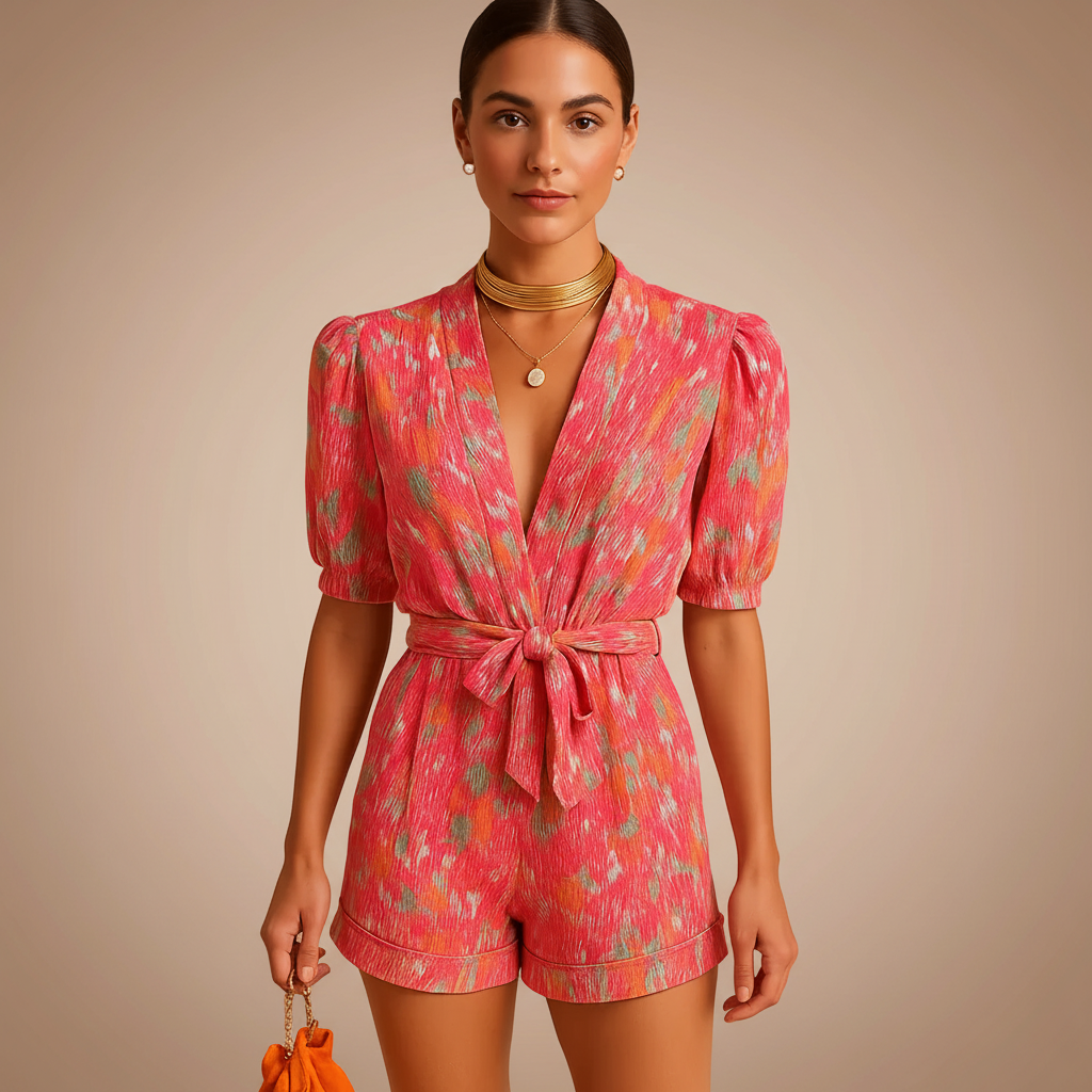 Short printed jumpsuit shown from the front on a plain backdrop