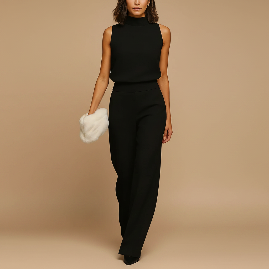 Sleeveless halter jumpsuit shown from the front on a plain backdrop