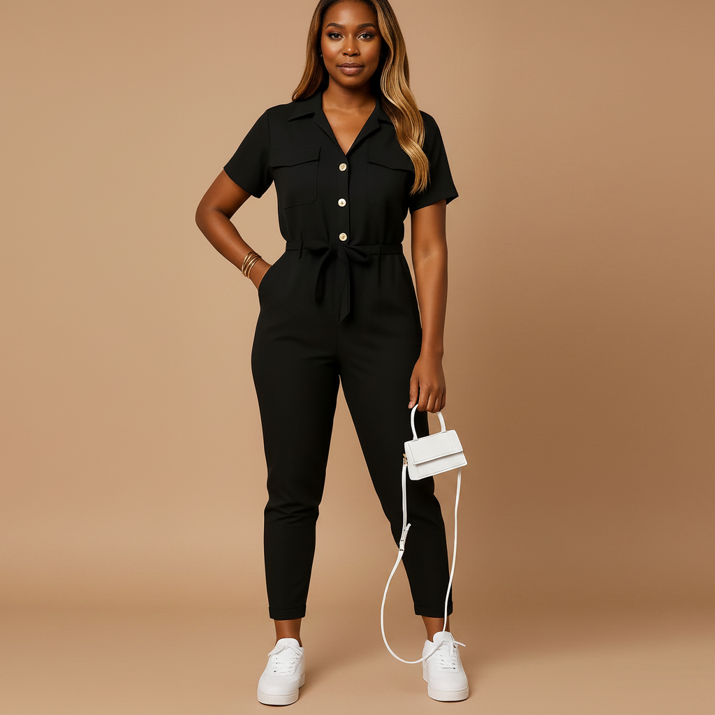 Tailored jumpsuit shown from the front on a plain backdrop