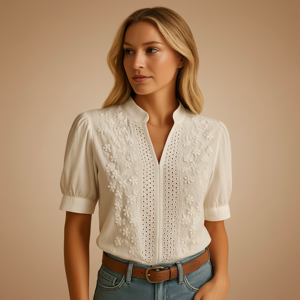 White button-down blouse shown from the front on a plain backdrop