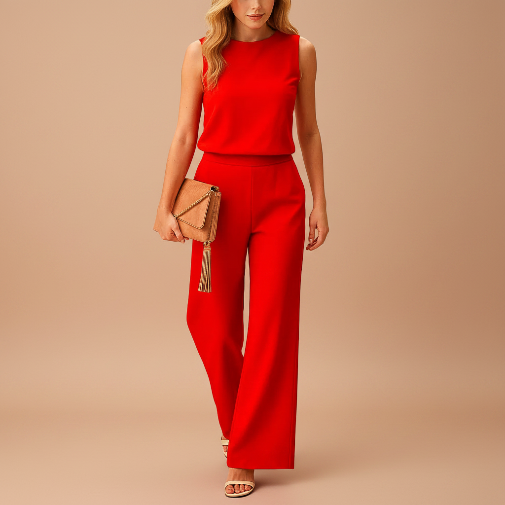 Wide leg jumpsuit with a round neckline shown from the front