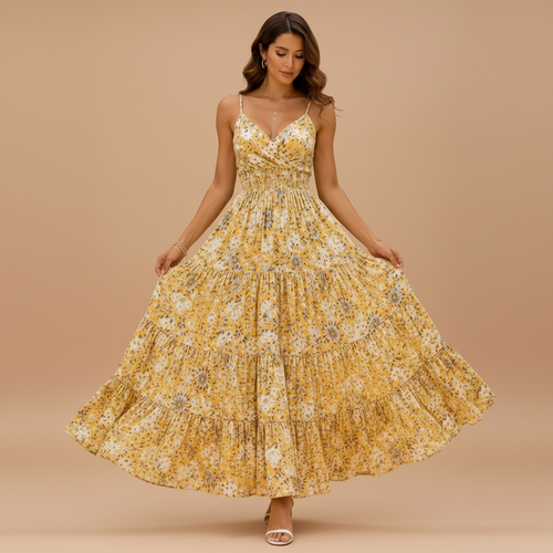 A woman modeling a yellow floral maxi dress with thin spaghetti straps, a V-neckline, and a tiered ruffled skirt, set against a solid beige studio background.